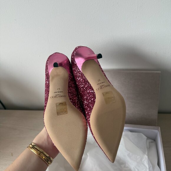 NWT Jimmy Choo Agnes Pumps Dragon Fruit Coarse Glitter Pointed Toe High Stiletto - Picture 12 of 13